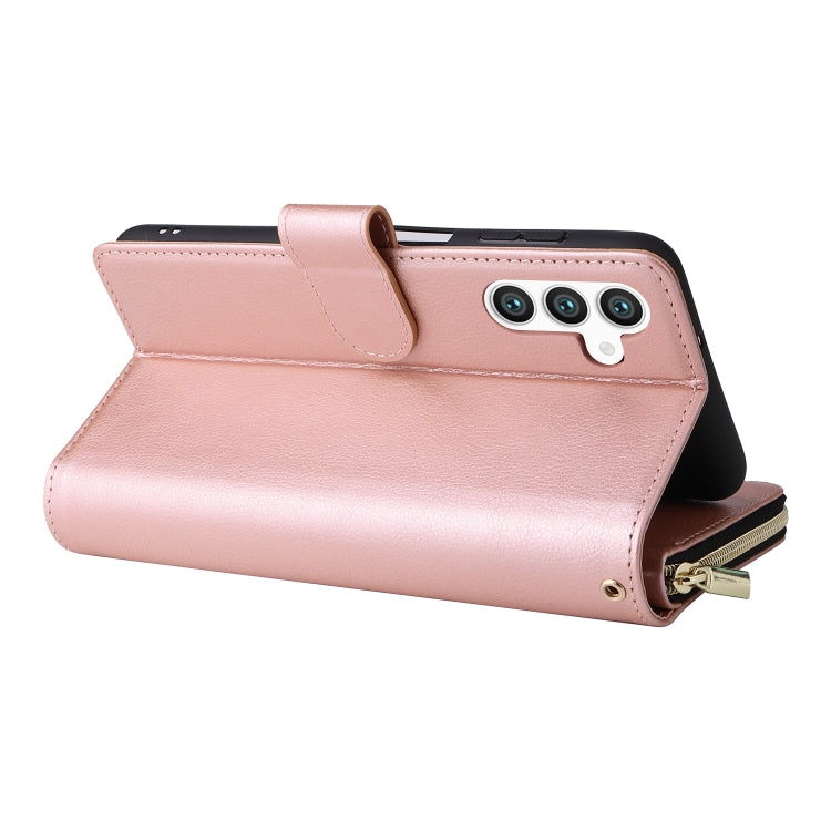 For Samsung Galaxy S24 5G 9-Card Slots Zipper Wallet Bag Leather Phone Case(Rose Gold)