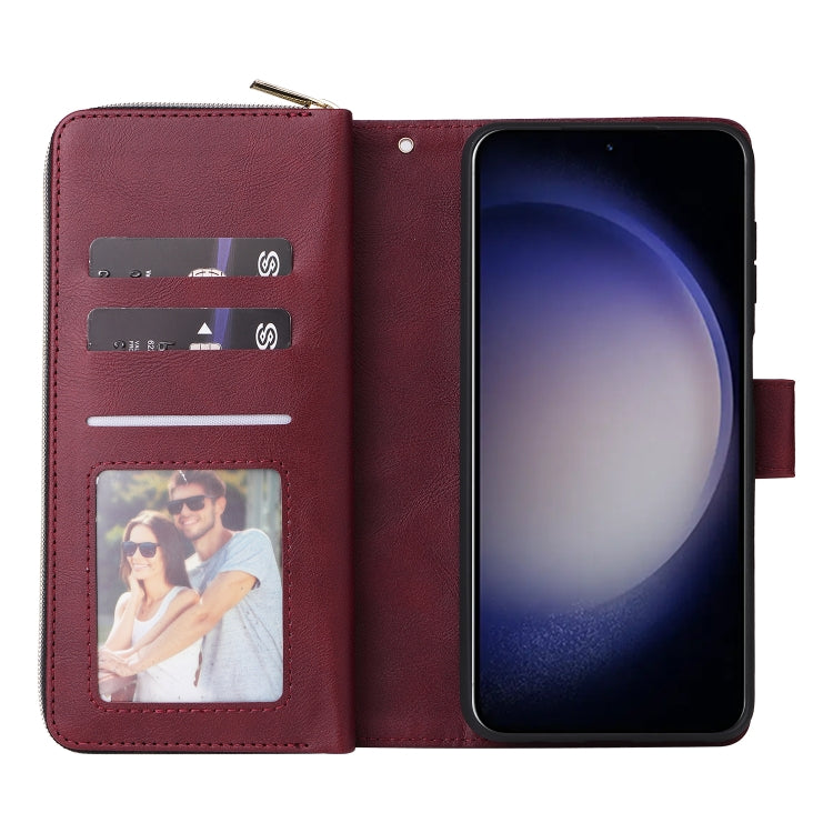For Samsung Galaxy S24 5G 9-Card Slots Zipper Wallet Bag Leather Phone Case(Wine Red)