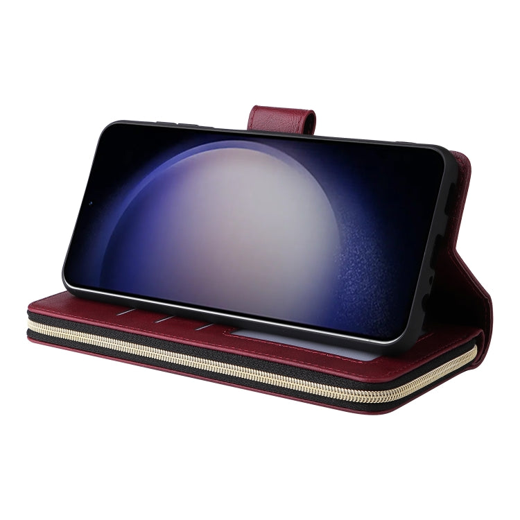 For Samsung Galaxy S24 5G 9-Card Slots Zipper Wallet Bag Leather Phone Case(Wine Red)