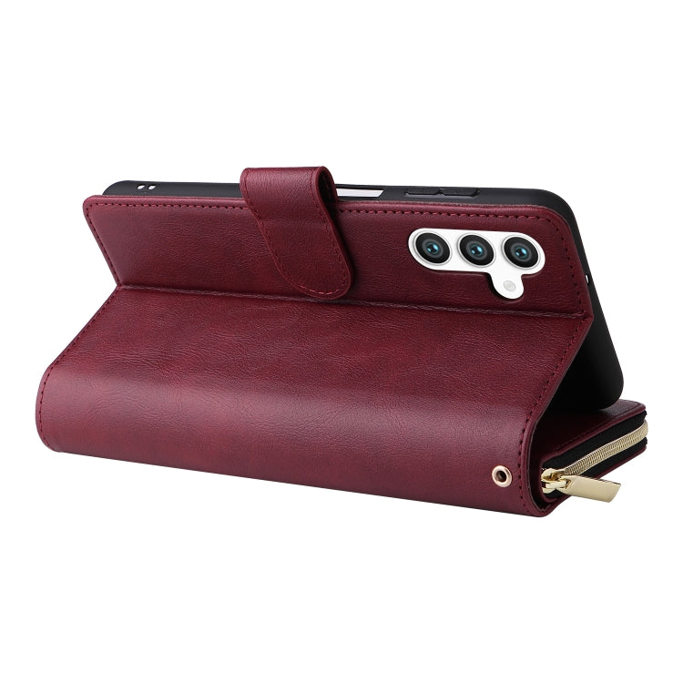 For Samsung Galaxy S24 5G 9-Card Slots Zipper Wallet Bag Leather Phone Case(Wine Red)