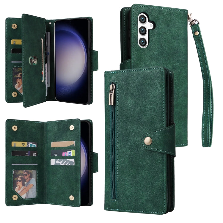For Samsung Galaxy S24 5G Rivet Buckle 9 Cards 3-Fold Wallet Leather Phone Case(Green)