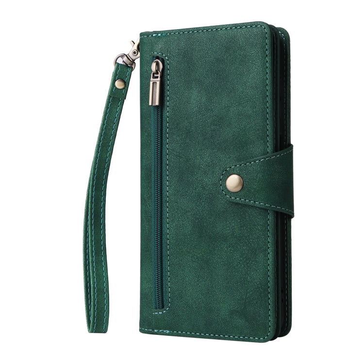 For Samsung Galaxy S24 5G Rivet Buckle 9 Cards 3-Fold Wallet Leather Phone Case(Green)