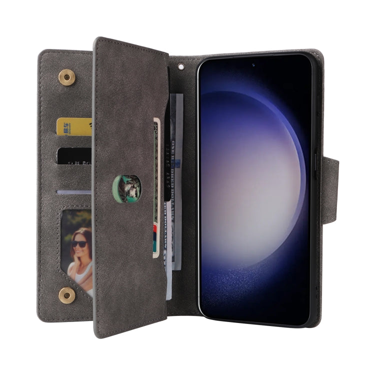 For Samsung Galaxy S24 5G Rivet Buckle 9 Cards 3-Fold Wallet Leather Phone Case(Grey)