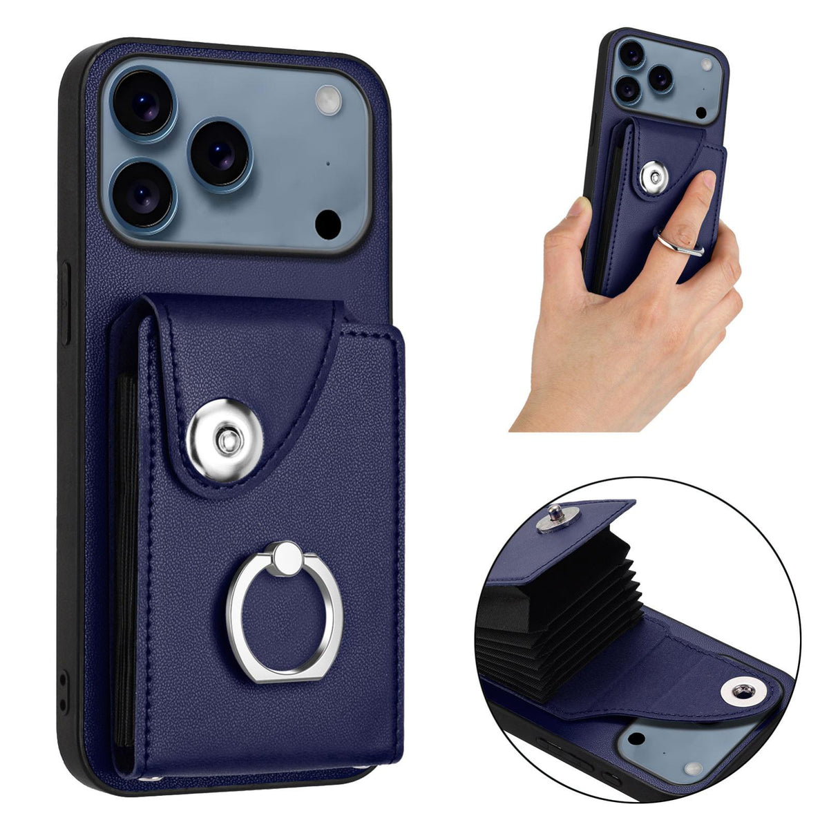 Compatible with iPhone 18 Pro Max & 17 Pro Max Organ Card Bag Ring Holder Phone Case - Blue