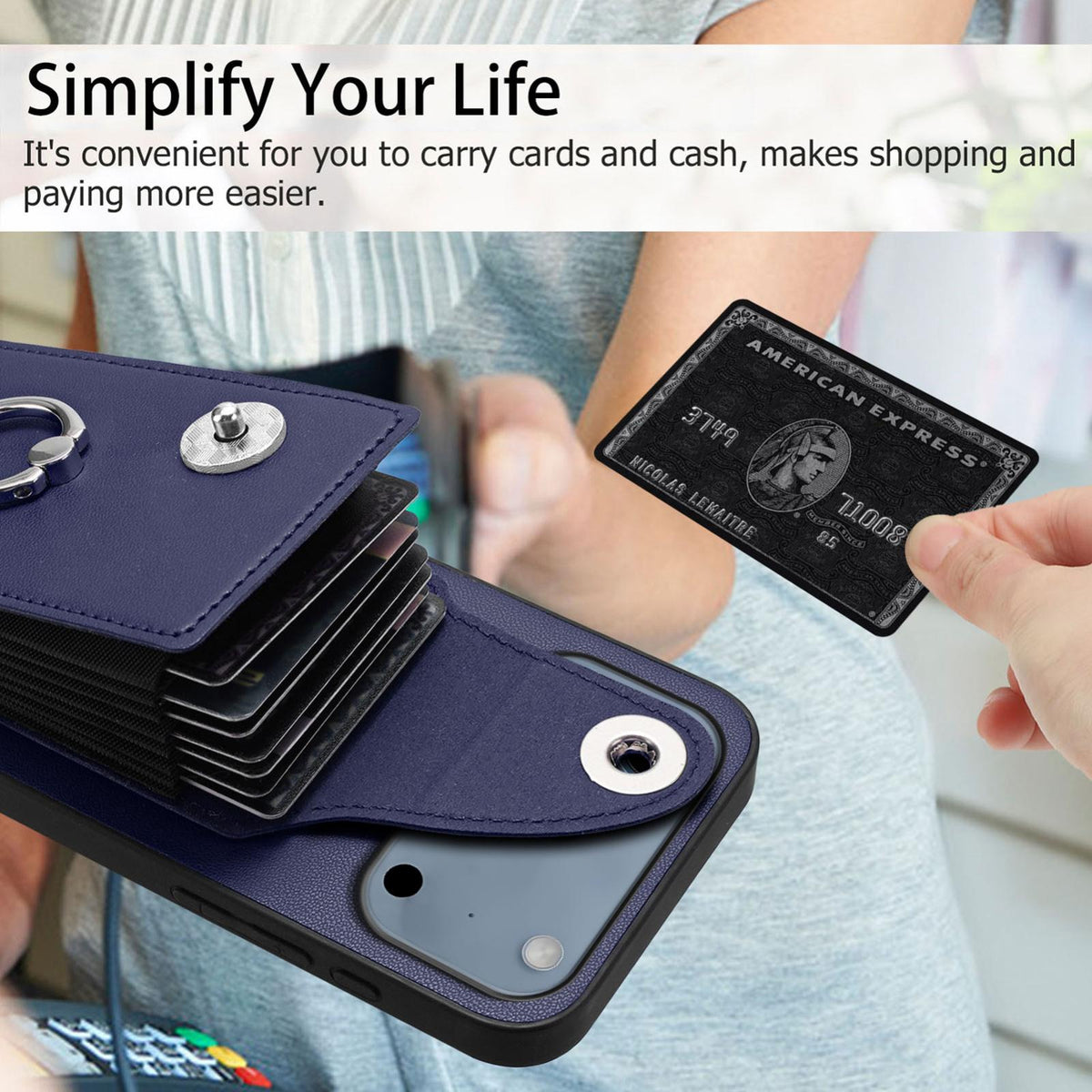 Compatible with iPhone 18 Pro Max & 17 Pro Max Organ Card Bag Ring Holder Phone Case - Blue