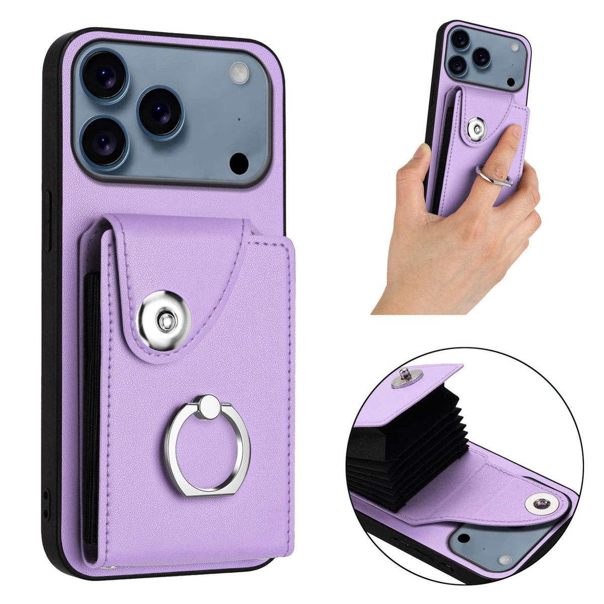 Compatible with iPhone 18 Pro Max & 17 Pro Max Organ Card Bag Ring Holder Phone Case - Purple
