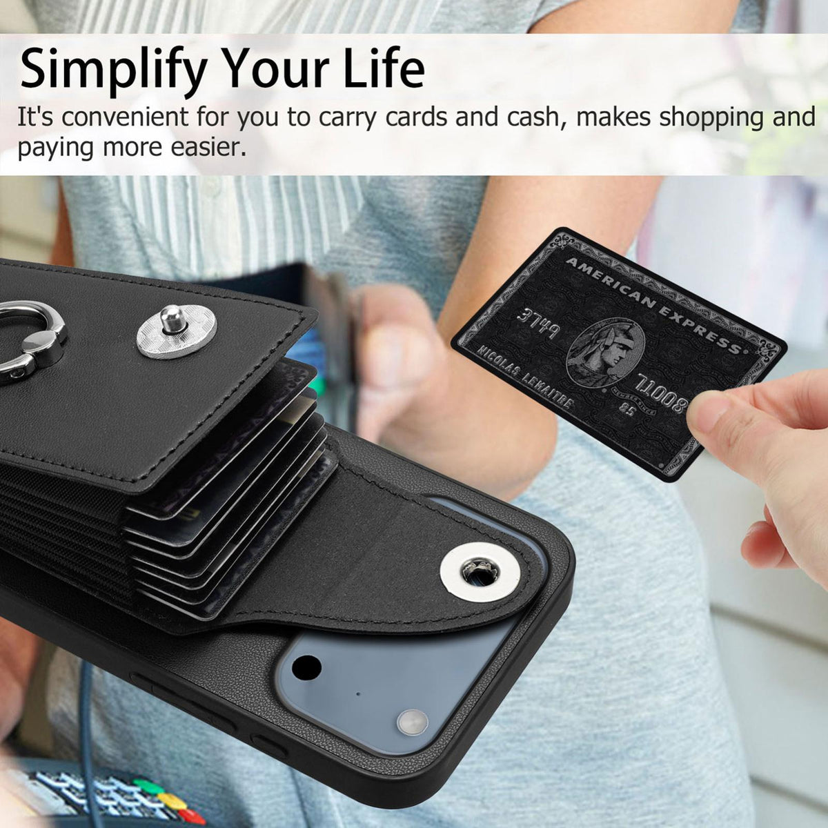 Compatible with iPhone 18 Pro Max & 17 Pro Max Organ Card Bag Ring Holder Phone Case - Black