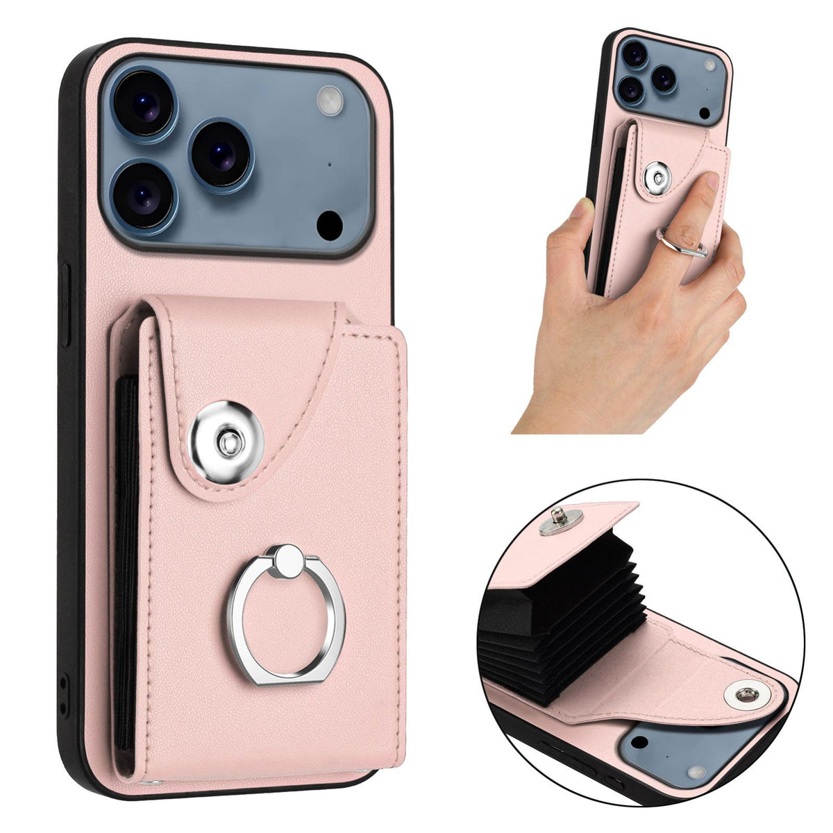 Compatible with iPhone 18 Pro Max & 17 Pro Max Organ Card Bag Ring Holder Phone Case - Pink