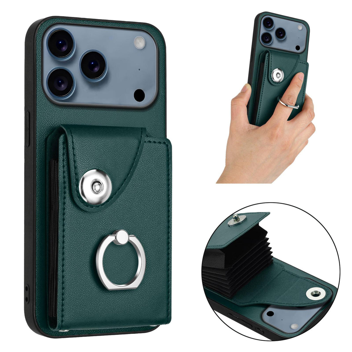 Compatible with iPhone 18 Pro Max & 17 Pro Max Organ Card Bag Ring Holder Phone Case - Green