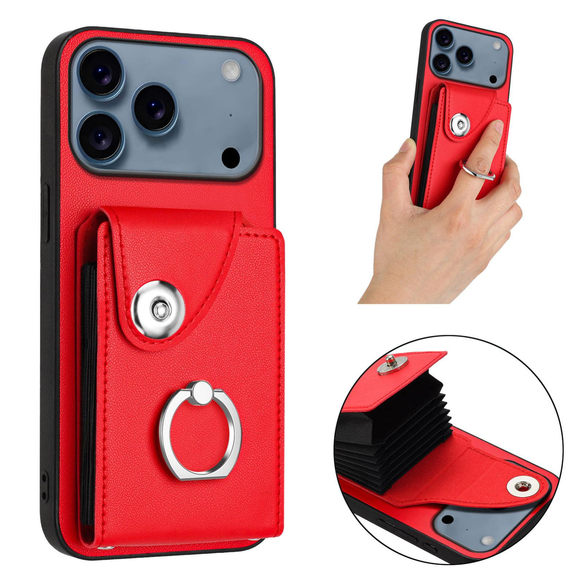 Compatible with iPhone 18 Pro & 17 Pro Organ Card Bag Ring Holder Phone Case - Red