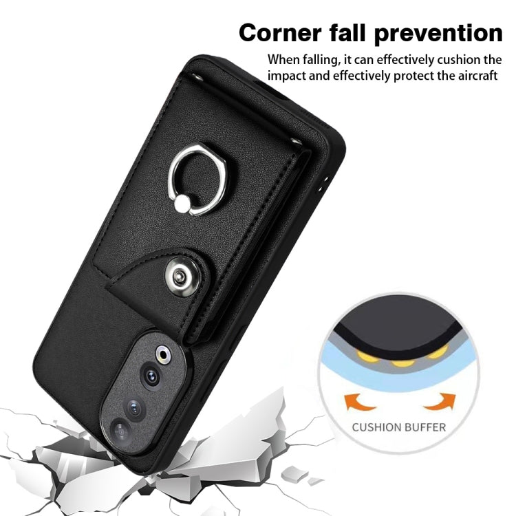 For Honor 90 Organ Card Bag Ring Holder PU Phone Case(Black)