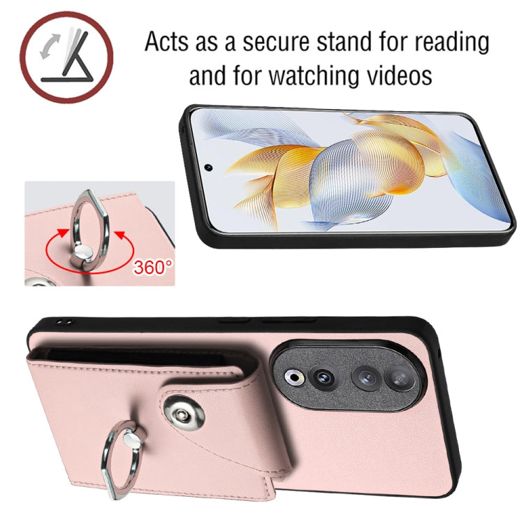 For Honor 90 Organ Card Bag Ring Holder PU Phone Case(Pink)