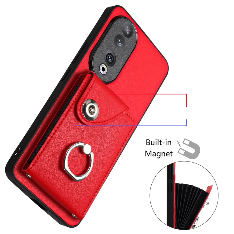 For Honor 90 Organ Card Bag Ring Holder PU Phone Case(Red)