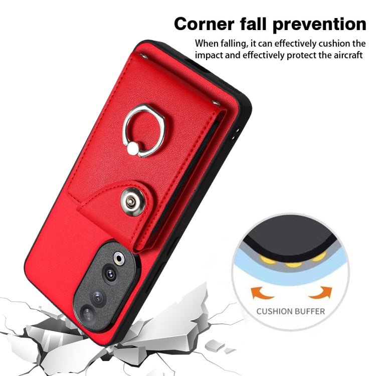 For Honor 90 Organ Card Bag Ring Holder PU Phone Case(Red)