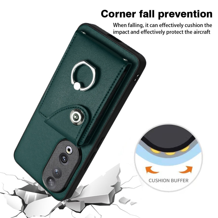 For Honor 90 Organ Card Bag Ring Holder PU Phone Case(Green)