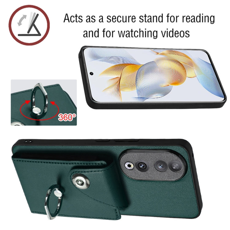 For Honor 90 Organ Card Bag Ring Holder PU Phone Case(Green)