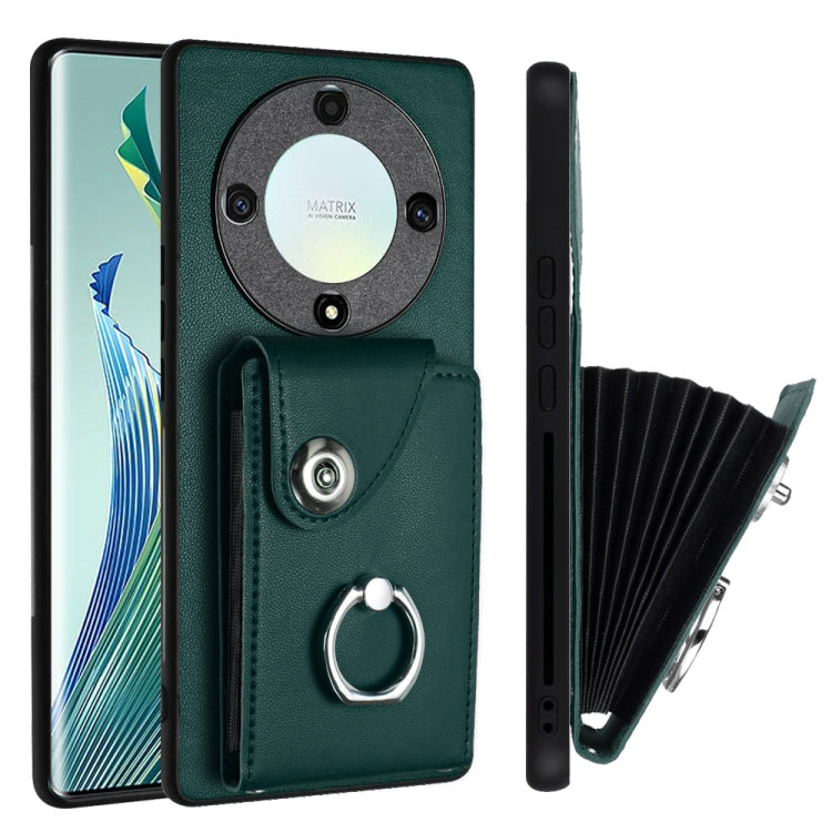 For Honor X9a / Magic5 Lite Organ Card Bag Ring Holder PU Phone Case(Green)