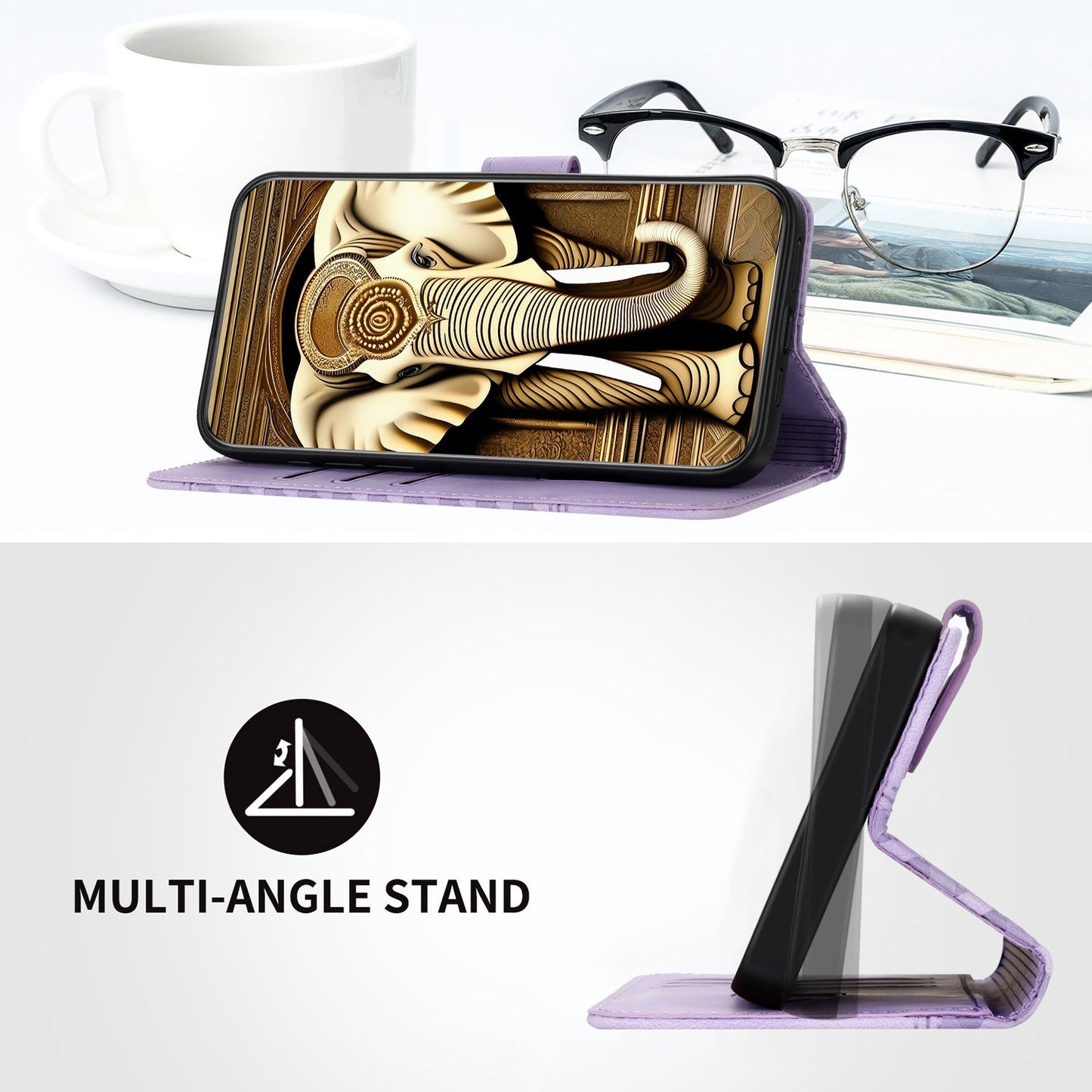 For iPhone 16e YX0060 Elephant Head Embossed Phone Leather Case with Lanyard(Light Purple)