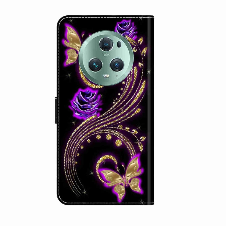 For Honor Magic5 Pro Crystal 3D Shockproof Protective Leather Phone Case(Purple Flower Butterfly)