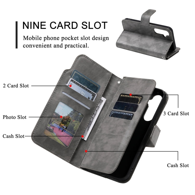 For Samsung Galaxy S24 5G Tri-Fold 9-Card Wallets Leather Phone Case(Grey)