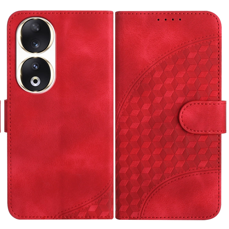 For Honor 90 YX0060 Elephant Head Embossed Phone Leather Case with Lanyard(Red)