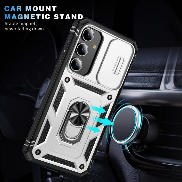 For Samsung Galaxy S24 5G Sliding Camshield TPU + PC Phone Case with Holder(White+Black)