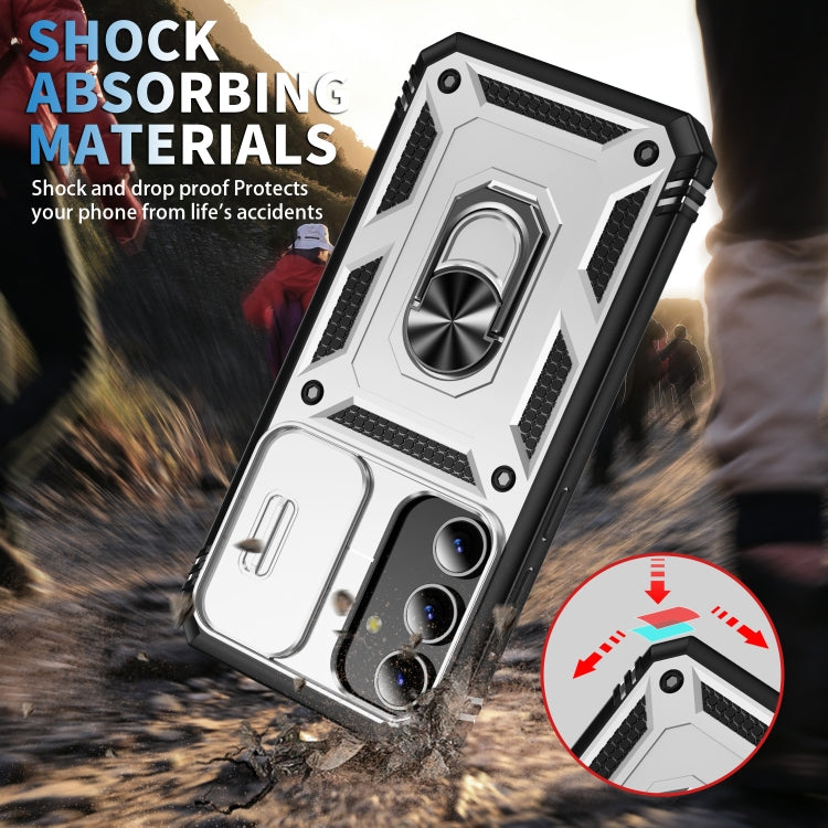 For Samsung Galaxy S24 5G Sliding Camshield TPU + PC Phone Case with Holder(White+Black)