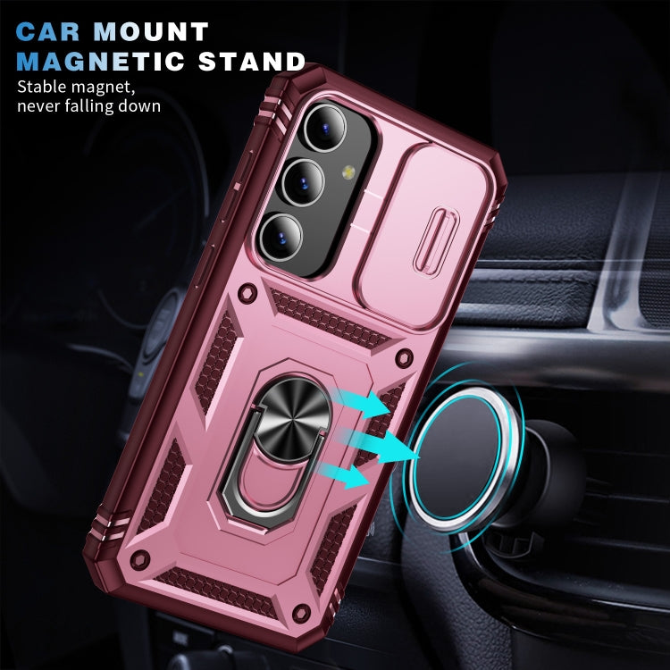 For Samsung Galaxy S24 5G Sliding Camshield TPU + PC Phone Case with Holder(Pink+Rose Red)