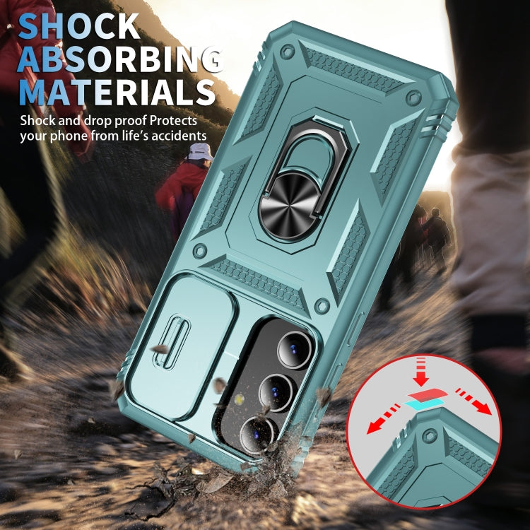 For Samsung Galaxy S24 5G Sliding Camshield TPU + PC Phone Case with Holder(Green)