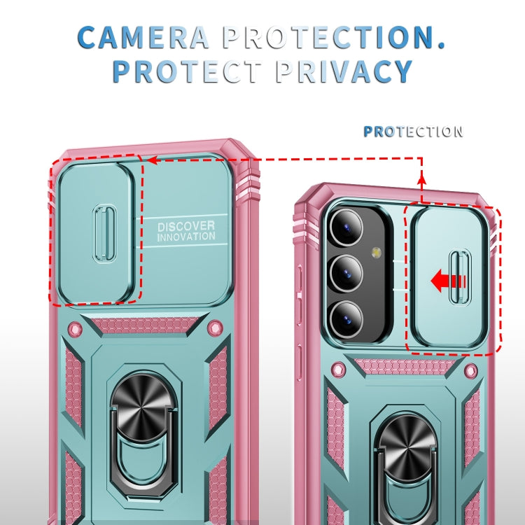 For Samsung Galaxy S24 5G Sliding Camshield TPU + PC Phone Case with Holder(Green+Pink)