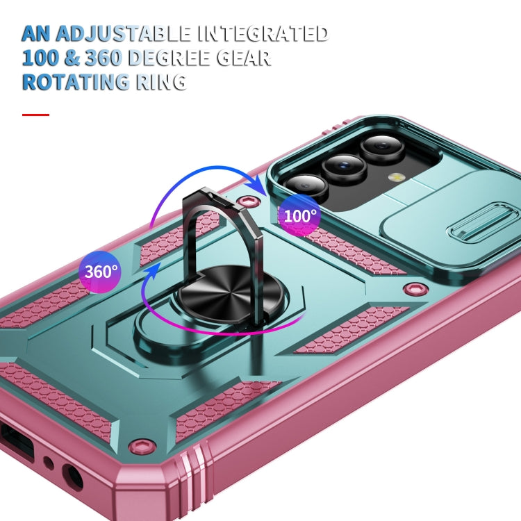 For Samsung Galaxy S24 5G Sliding Camshield TPU + PC Phone Case with Holder(Green+Pink)