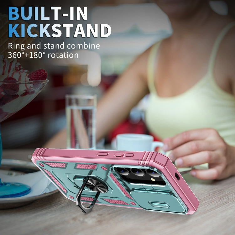 For Samsung Galaxy S24 5G Sliding Camshield TPU + PC Phone Case with Holder(Green+Pink)
