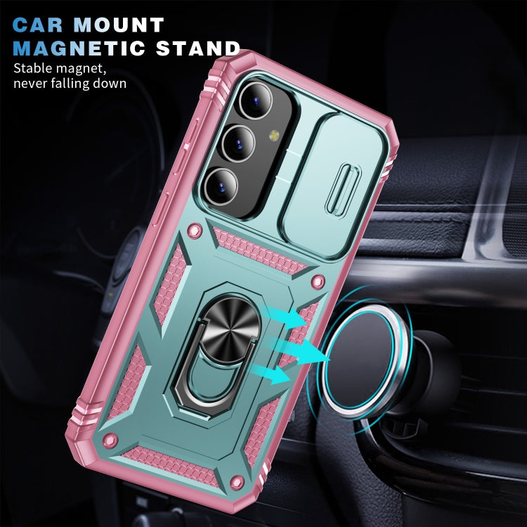 For Samsung Galaxy S24 5G Sliding Camshield TPU + PC Phone Case with Holder(Green+Pink)