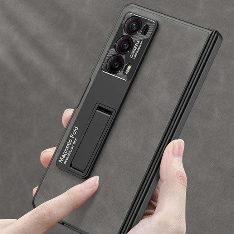 For Honor Magic V2 GKK Integrated Frosted Fold Hinge Leather Phone Case with Holder(Black)