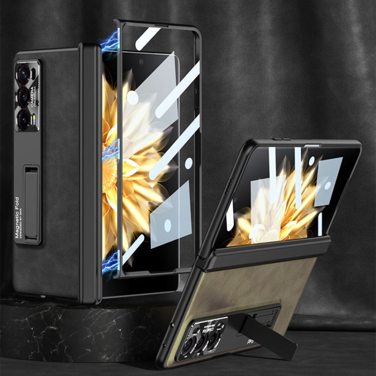 For Honor Magic V2 GKK Integrated Frosted Fold Hinge Leather Phone Case with Holder(Grey)