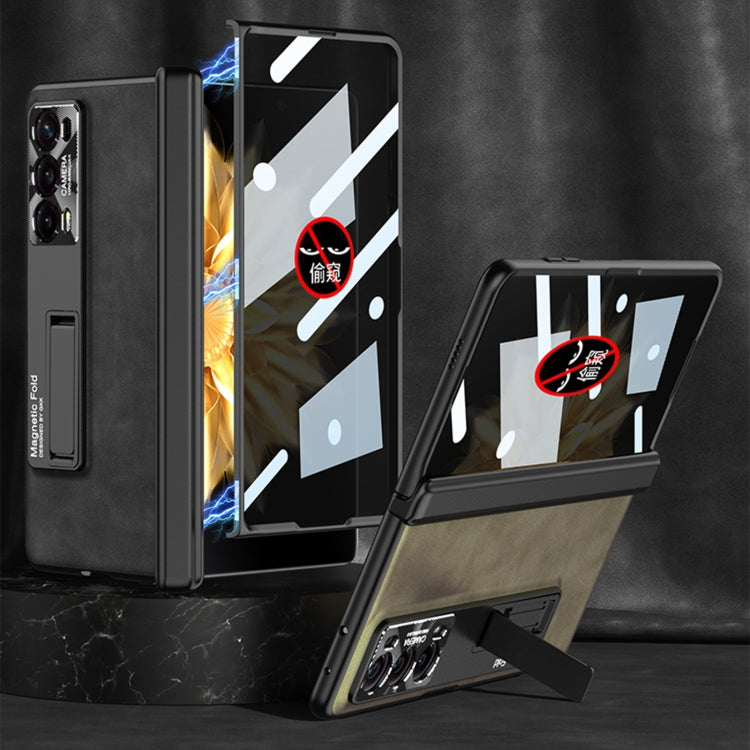 For Honor Magic V2 GKK Integrated Frosted Fold Hinge Privacy Leather Phone Case with Holder(Brown)