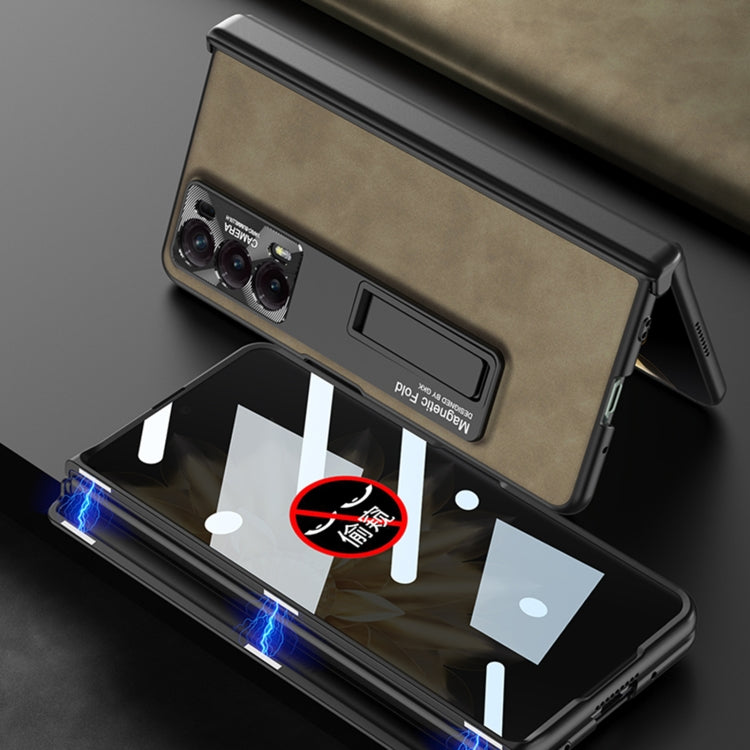 For Honor Magic V2 GKK Integrated Frosted Fold Hinge Privacy Leather Phone Case with Holder(Brown)