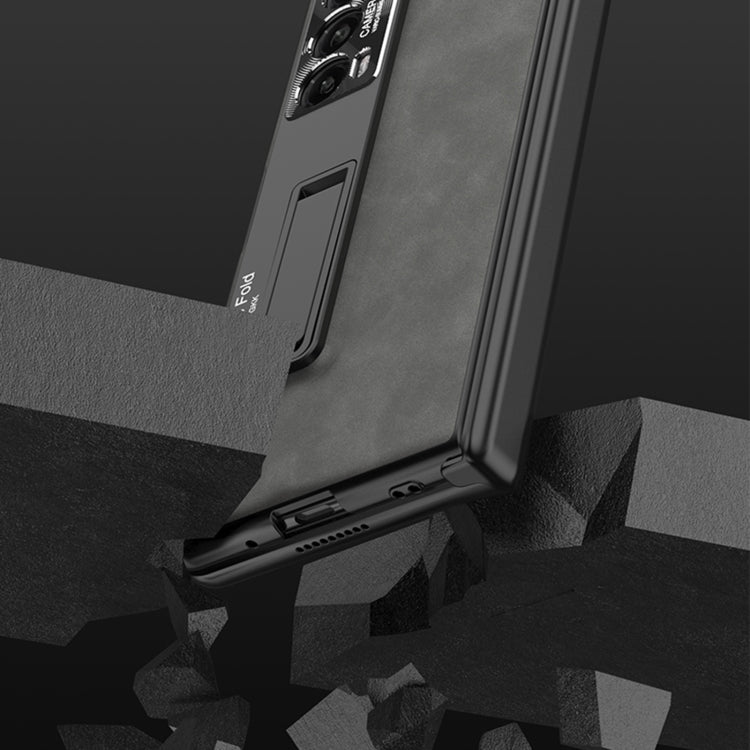 For Honor Magic V2 GKK Integrated Frosted Fold Hinge Privacy Leather Phone Case with Holder(Grey)