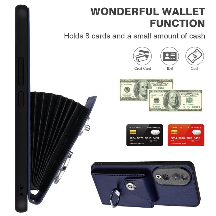 For Honor 90 Organ Card Bag Ring Holder PU Phone Case with Lanyard(Blue)