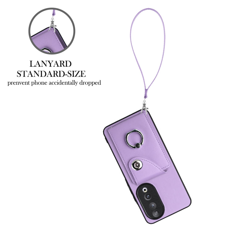 For Honor 90 Organ Card Bag Ring Holder PU Phone Case with Lanyard(Purple)