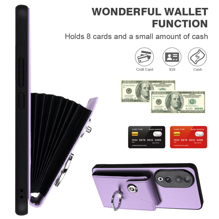 For Honor 90 Organ Card Bag Ring Holder PU Phone Case with Lanyard(Purple)