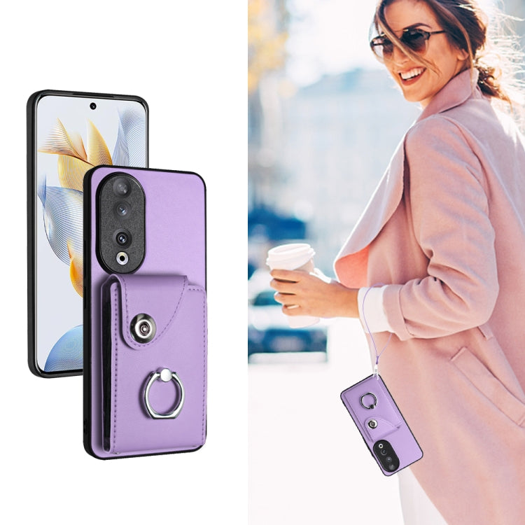 For Honor 90 Organ Card Bag Ring Holder PU Phone Case with Lanyard(Purple)
