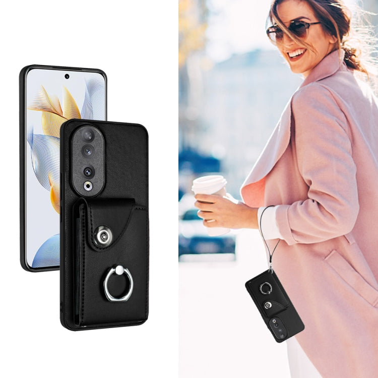 For Honor 90 Organ Card Bag Ring Holder PU Phone Case with Lanyard(Black)