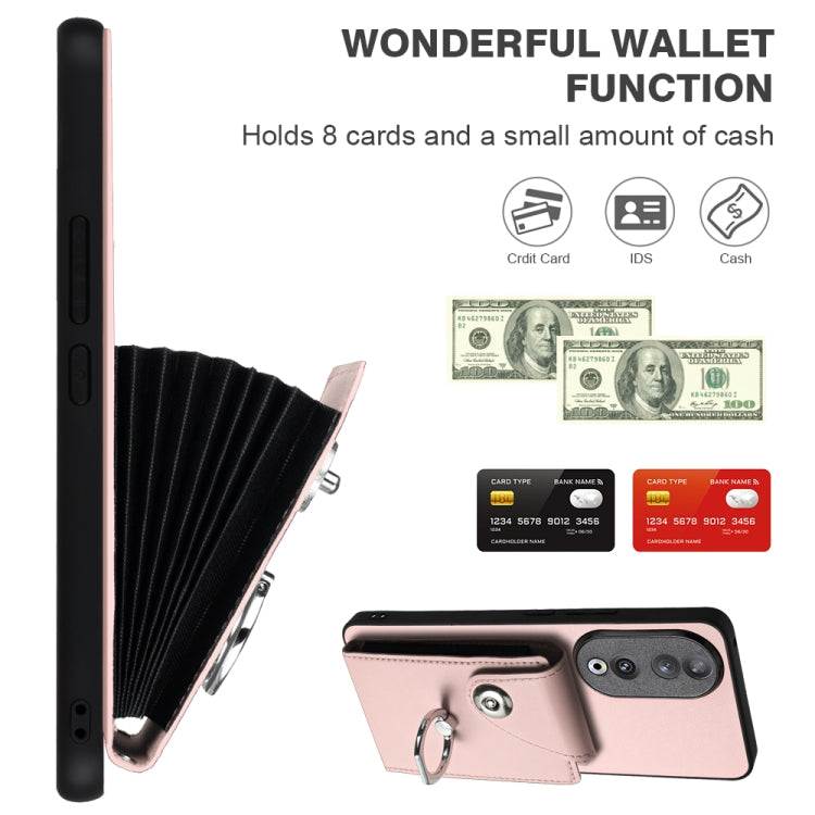 For Honor 90 Organ Card Bag Ring Holder PU Phone Case with Lanyard(Pink)