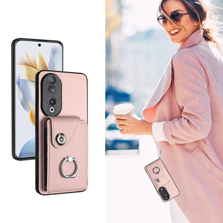 For Honor 90 Organ Card Bag Ring Holder PU Phone Case with Lanyard(Pink)