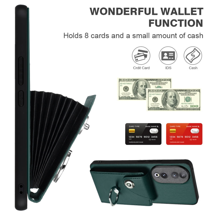 For Honor 90 Organ Card Bag Ring Holder PU Phone Case with Lanyard(Green)