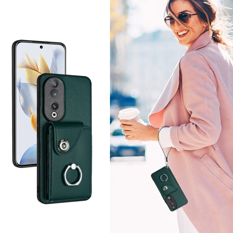 For Honor 90 Organ Card Bag Ring Holder PU Phone Case with Lanyard(Green)