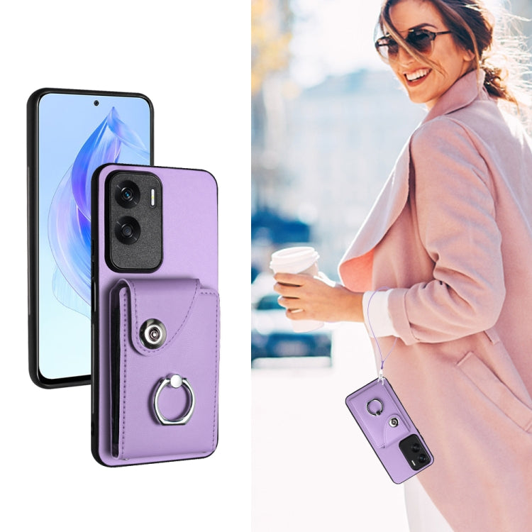 For Honor 90 Lite/X50i Organ Card Bag Ring Holder PU Phone Case with Lanyard(Purple)