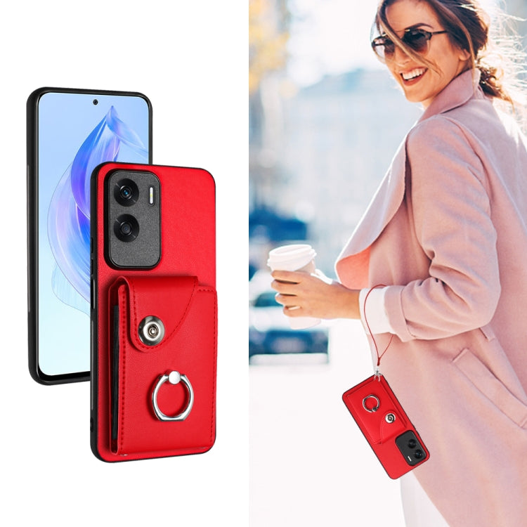 For Honor 90 Lite/X50i Organ Card Bag Ring Holder PU Phone Case with Lanyard(Red)