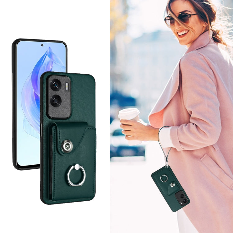 For Honor 90 Lite/X50i Organ Card Bag Ring Holder PU Phone Case with Lanyard(Green)